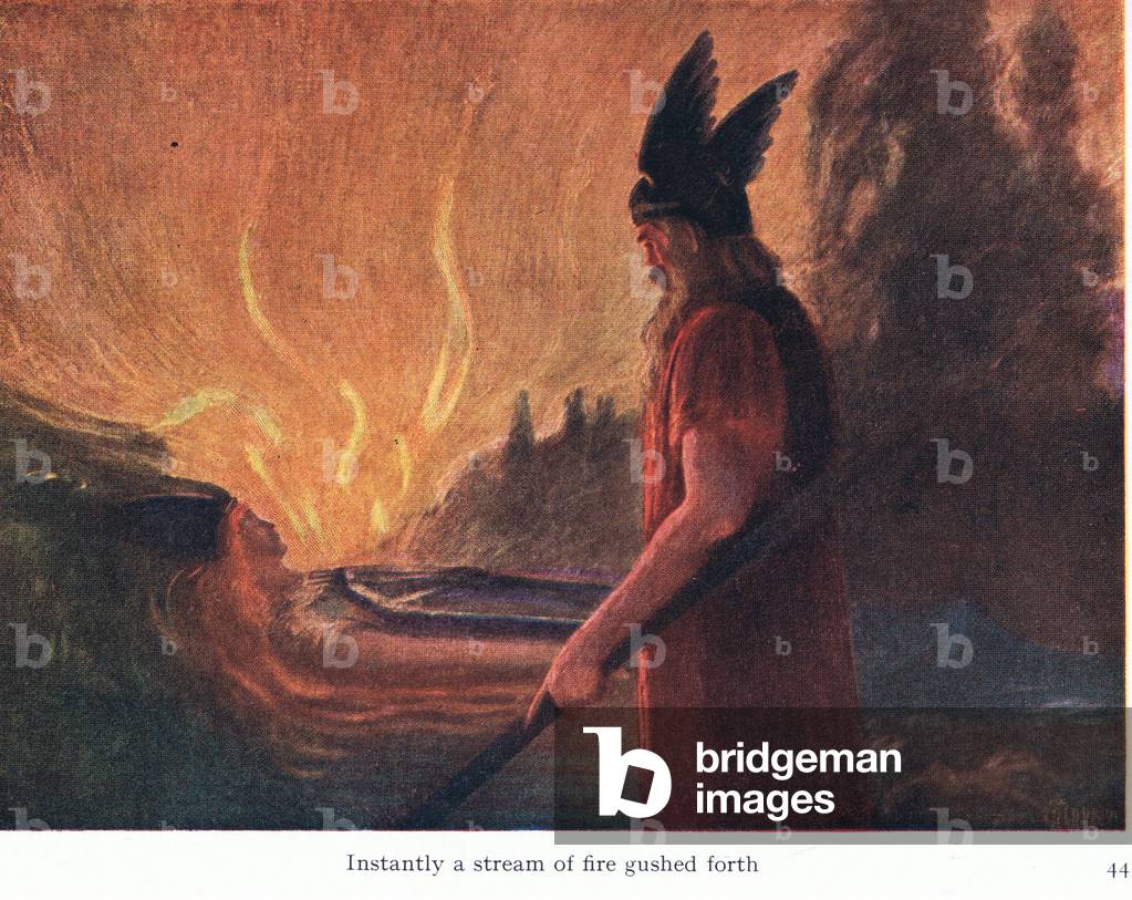 Instantly, a stream of fire gushed forth, illustration from The Stories of Wagner's Operas pub. by George Harrap & Co Ltd 1932 (colour litho)