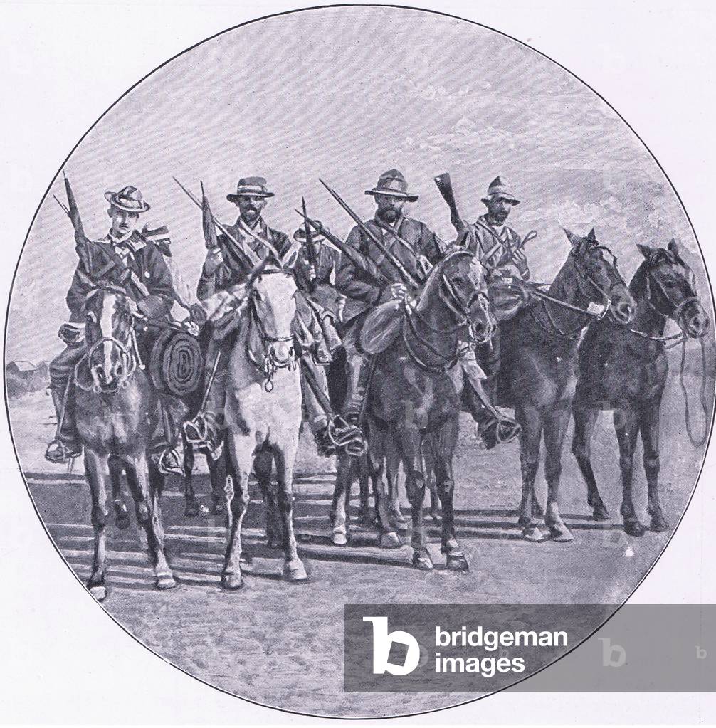 Boers armed with rifles and umbrellas, from After Pretoria: The Guerilla War published by Harmsworth Bros Limited, 1901 (b/w photo)