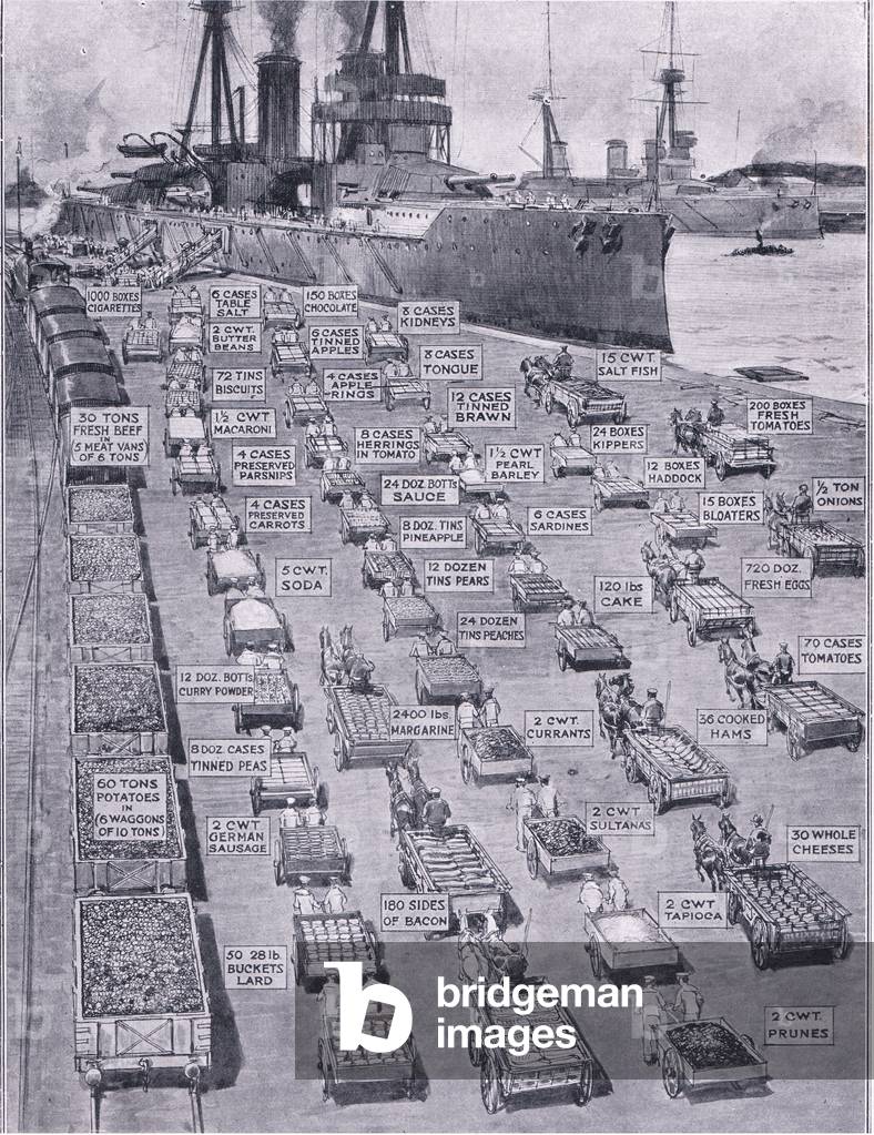 Provisioning a warship, from The Great War The Amalgamated Press Limited, 1914 (colour litho)