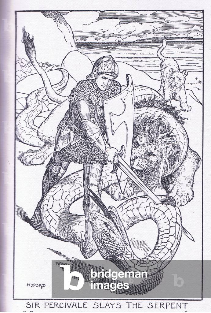 Sir Percival slays the serpent, illustration from The Book of Romance published by Longmans Green and Co, 1919 (litho)