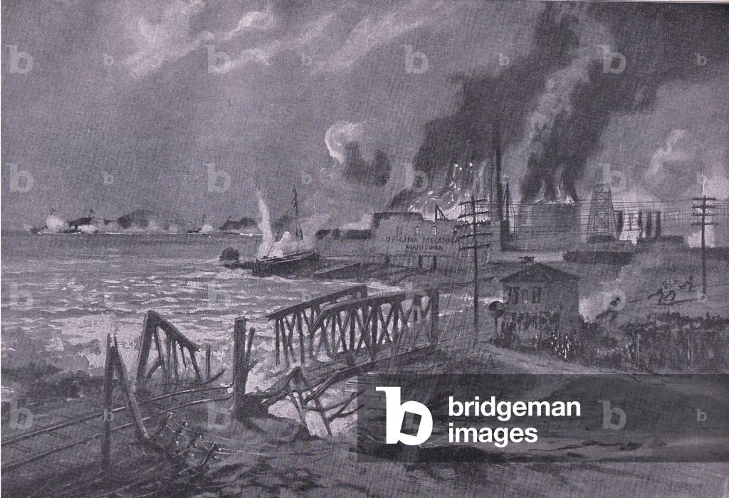 Destruction  of a shipyard in Bari (Italy) by Austro-Hungarian torpedo destroyers, from The Illustrated History of the World War 1914-1915 pub. by Union Berlagsefellfchaft, 1922 Vol. 3 (litho)