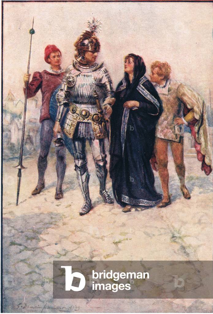 Prince Arthur leads Belge and her sons into the castle, Stories from the Faerie Queen published by George Harrap and Company, 1923 (colour litho)