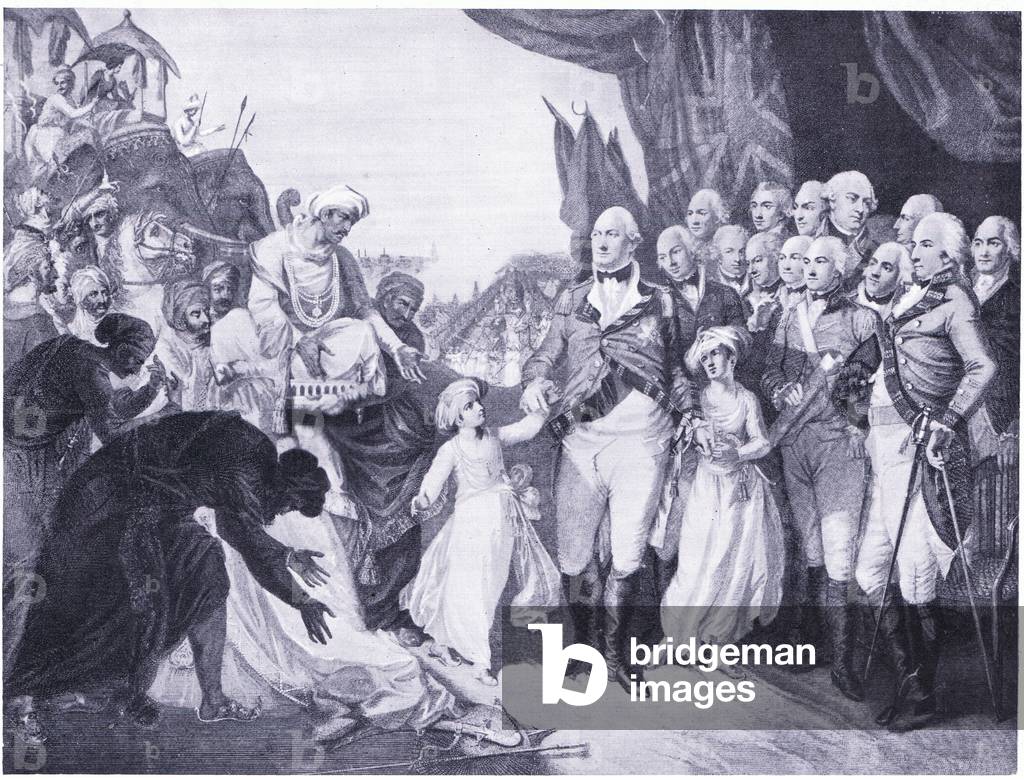 Lord Cornwallis receiving the sons of Tipu Sahib as hostages 1792 AD (litho)