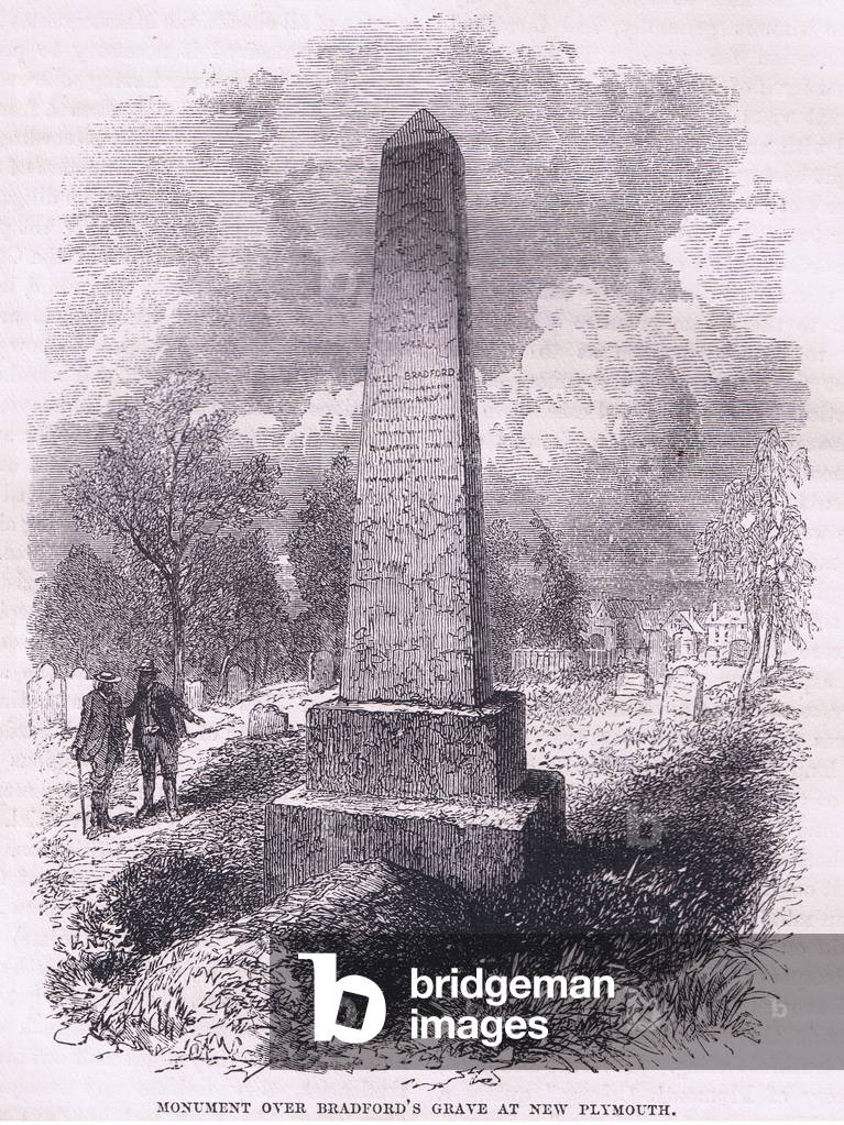 Monument over Bradford's grave at New Plymouth 1641, illustration from Cassell's History of the United States pub. by Petter & Galpin c.1890 (litho)