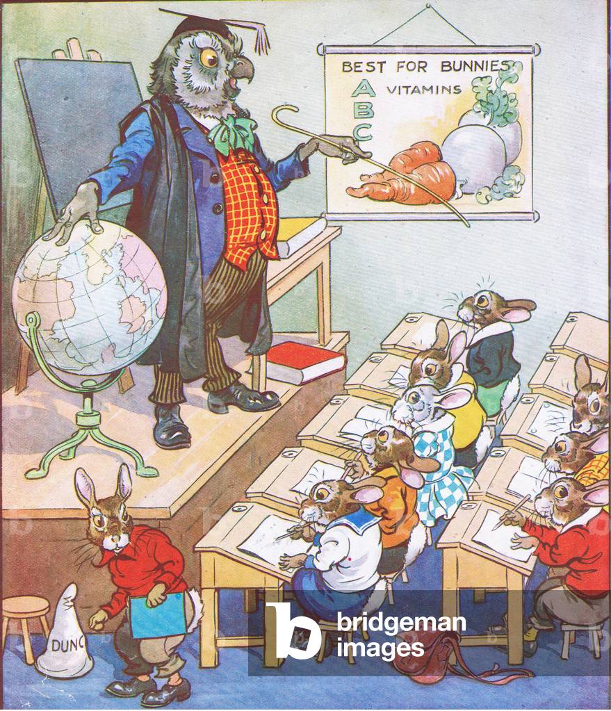 All the little bunnies go to Dr Wise Owl's school, from The Funny Bunnies published by Raphael Tuck, c. 1920 (colour litho)