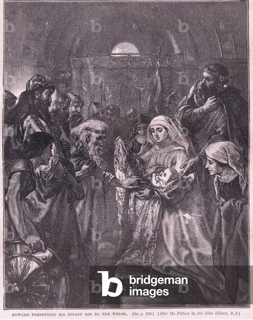 Edward presenting his infant son to the Welsh AD 1282 (litho)
