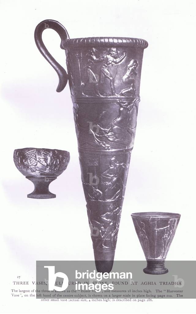 Three vases sculptured in stone found at Aghaia; Triadha; Crete, illustration from Myths of Crete and Pre-Hellenic Europe pub. by the Gresham Publishing Company Limited 1920's (litho)