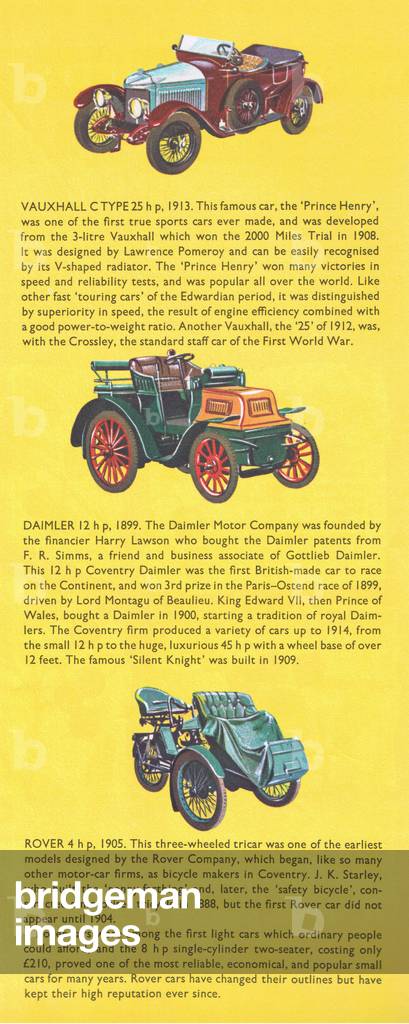 British veteran and vintage cars: Vauxhall C Type 1913; Daimler 12 hp 1899; Rover 4 1905, from Knowledge Magazine, 1963 (litho)