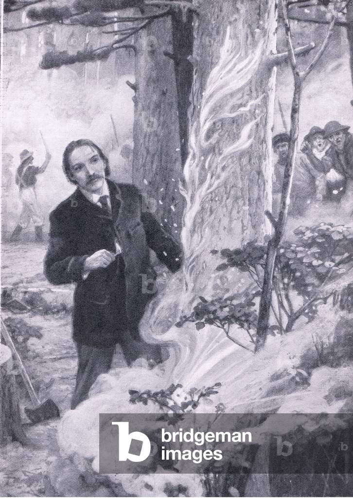 RLS makes an experiment in the forest , illustration from'Cassell's Romance of Famous Lives', c.1940 (litho)