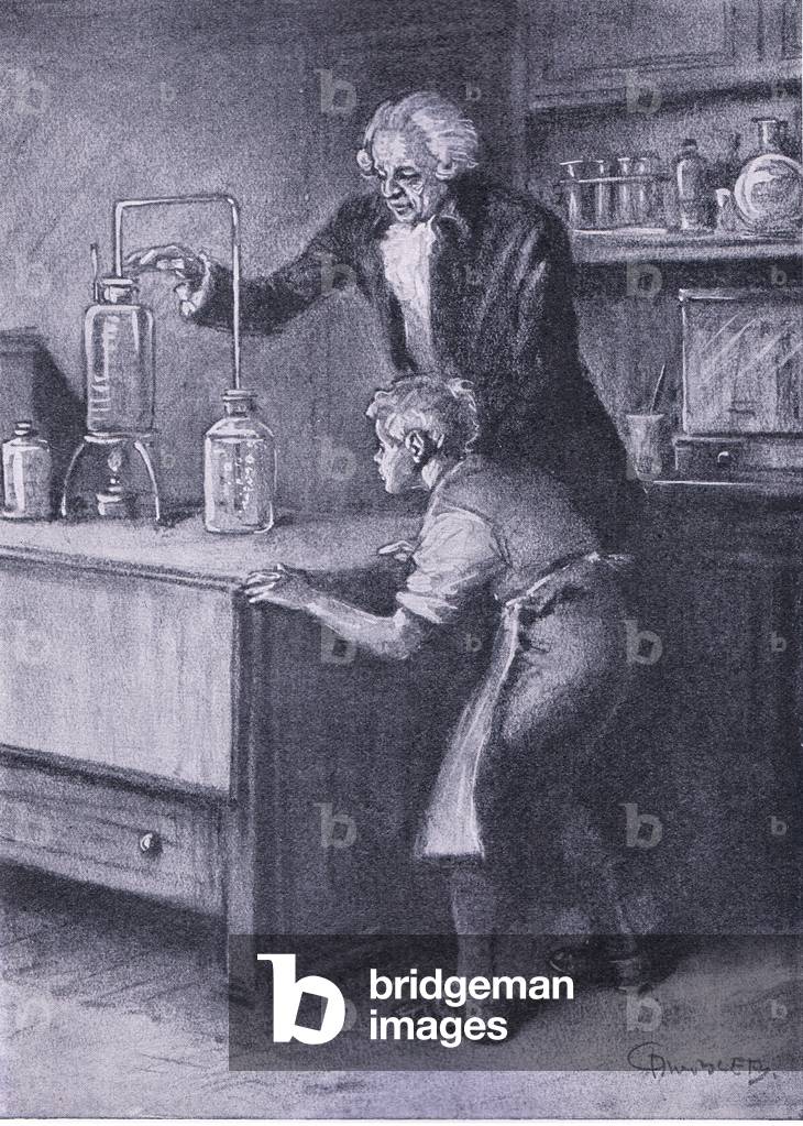 Dr Priestley makes a discovery, Newnes Pictorial Knowledge Volume 7, 1950's (colour litho)