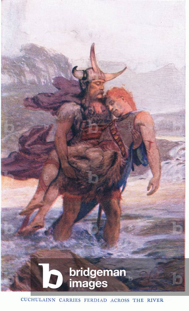 Cuchulainn carries Ferdiad across the river, illustration from Celtic Myth and Legend published by The Gresham Publishing Company, c.1920 (litho)