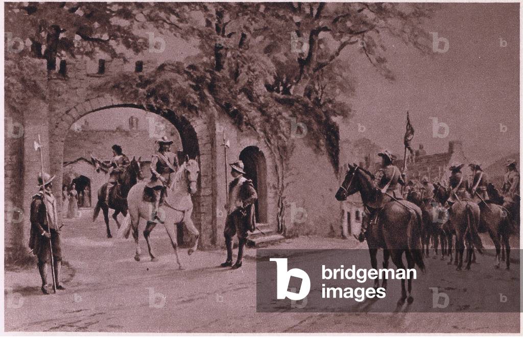Charles I mounted on a white charger leaving the Priory, Brecon 1645 AD (litho)