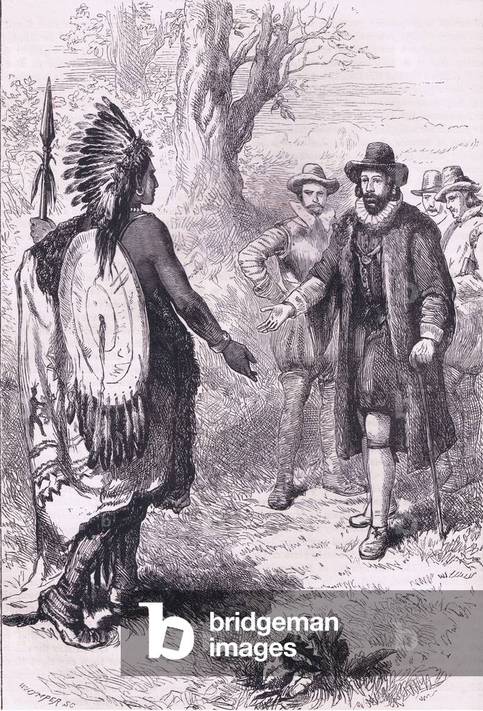 Reception of a Naragansett warrior, illustration from Cassell's History of the United States pub. by Petter & Galpin c.1890 (litho)