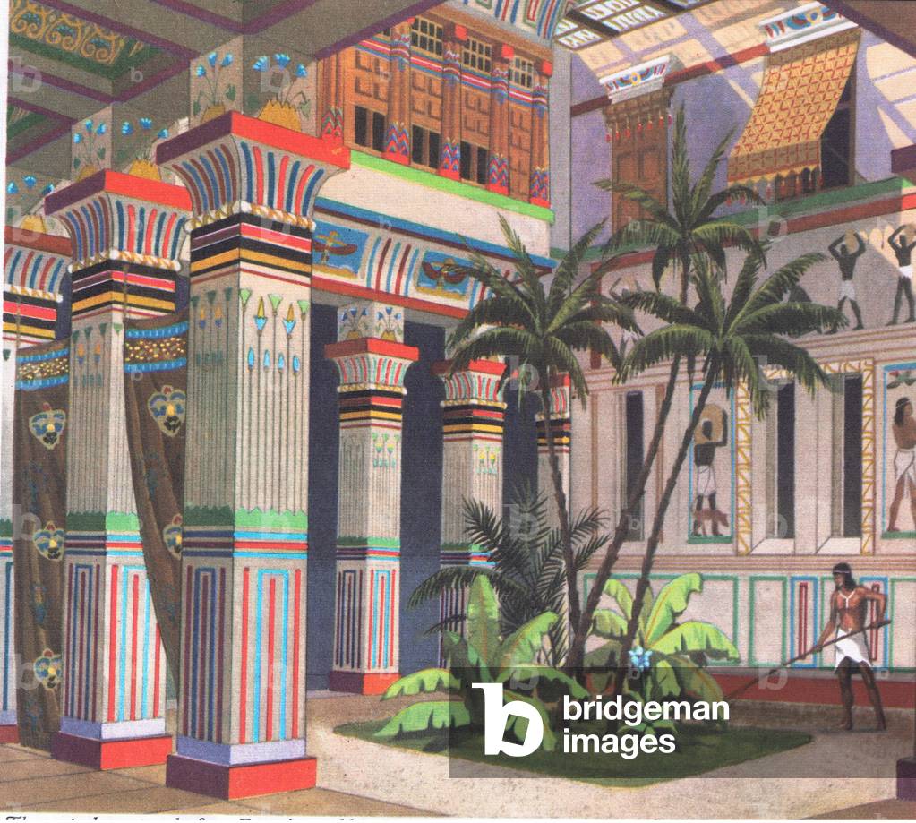 The central courtyard of an Egyptian noble's house with wall paintings and ornamental pillars, from Knowledge Magazine, 1963 (colour litho)