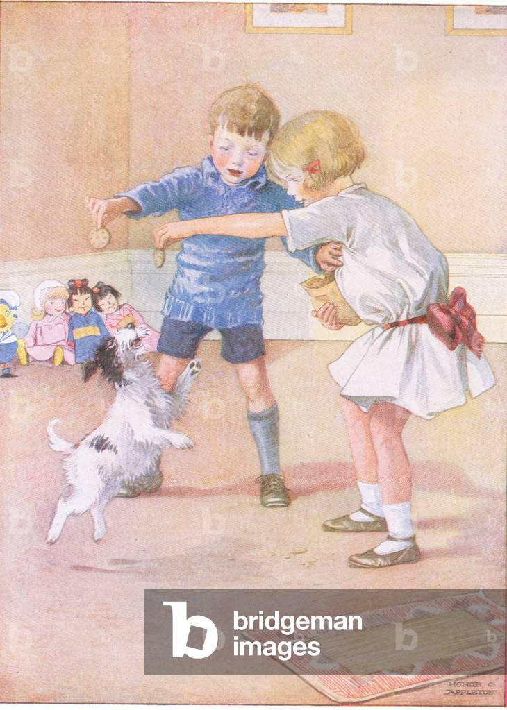You have to persevere awfully when you are teaching a dog, illustration from Josephine, John and the Puppy published by Blackie & Son Limited, c.1940 (colour litho)