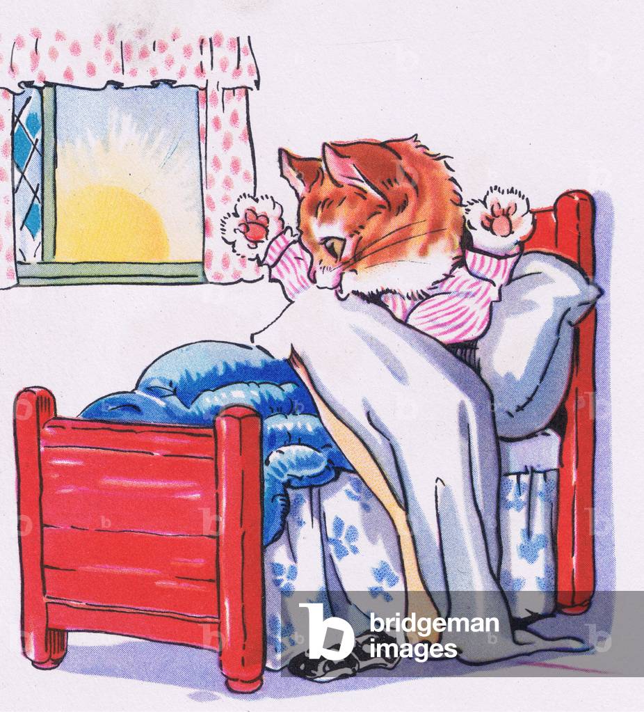 Katy wakened up and leapt out of bed (colour litho)