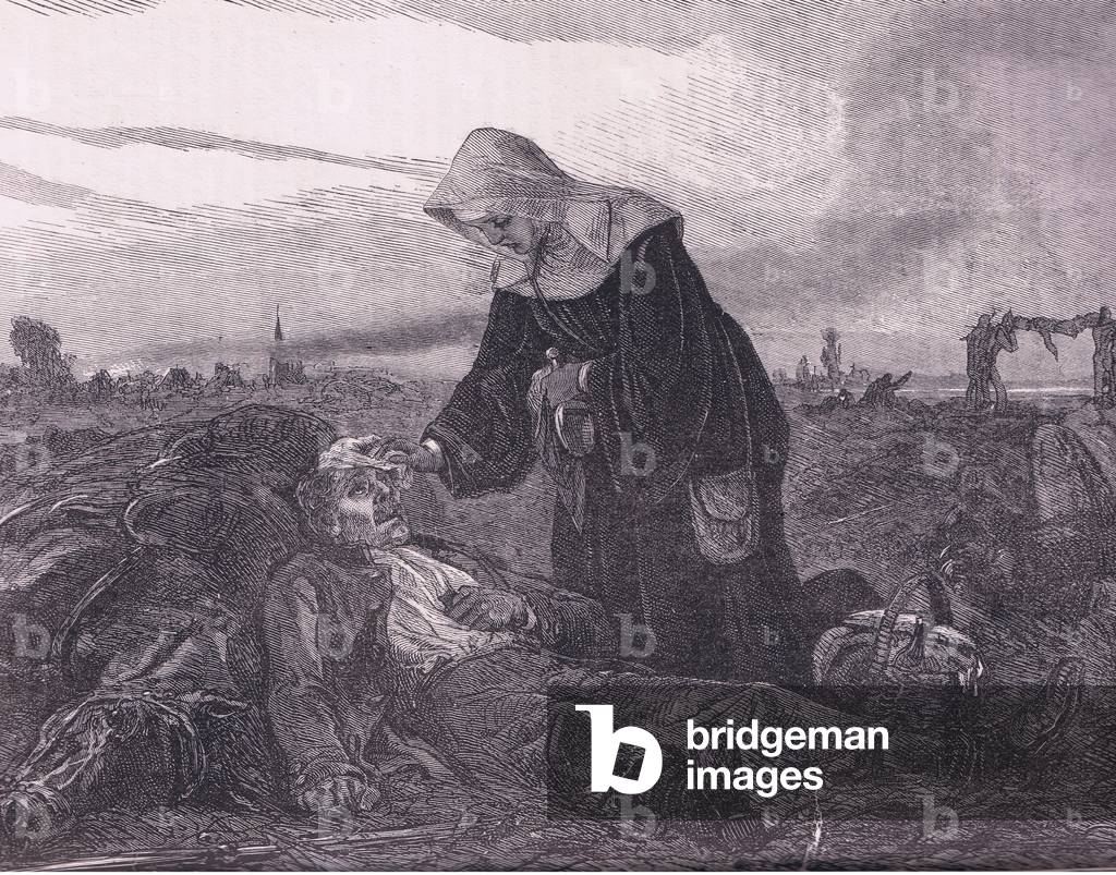 Sister of mercy on the battlefield, illustration from 'Cassells History of the War Between France and Germany', c.1930 (litho)