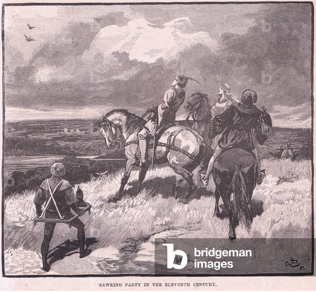 Hawking party in the eleventh century (litho)