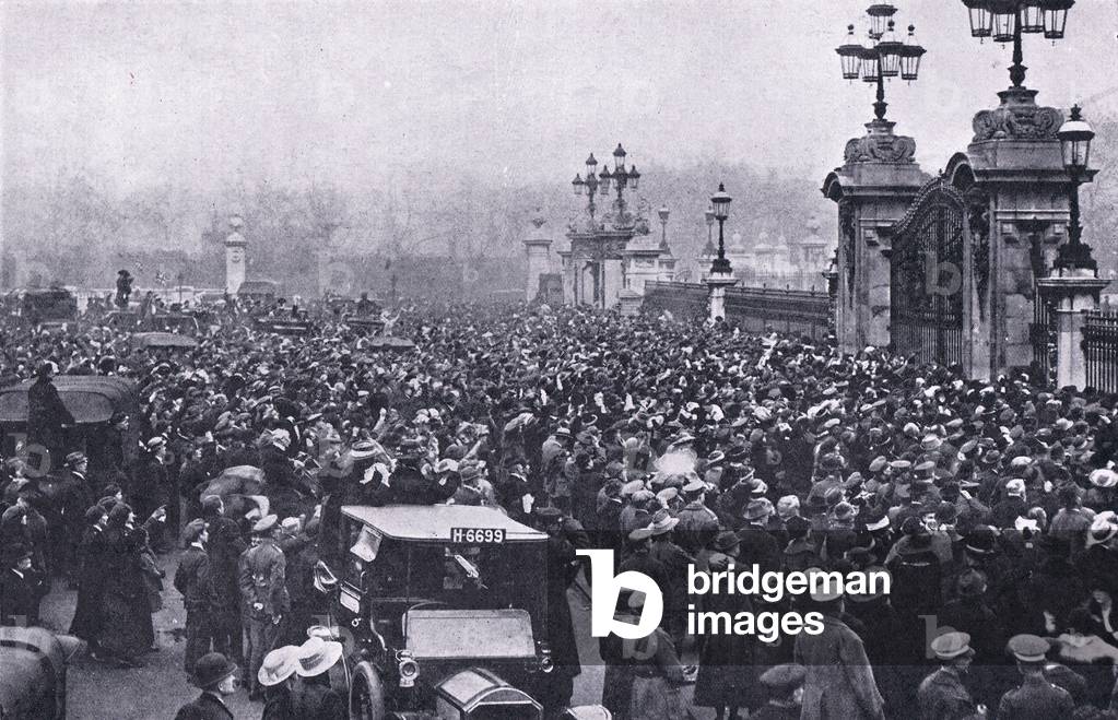 Crowd outside Buckingham Palace on Armistice Day, from Cassells History of the British People published by the Waverley Book Company Limited, c.1940 (b/w photo)
