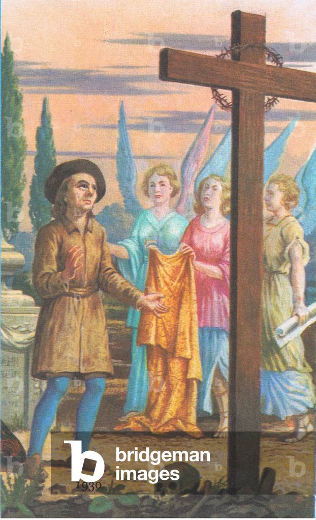 Christian comes to the cross (Pilgrims Progress), from Knowledge Magazine, 1963 (colour litho)
