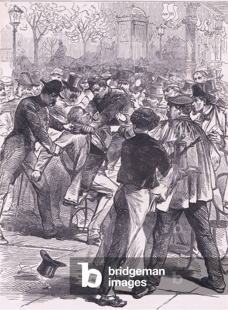 Arrest of a Prussian spy on the boulevards, illustration from 'Cassells History of the War Between France and Germany', c.1961 (litho)