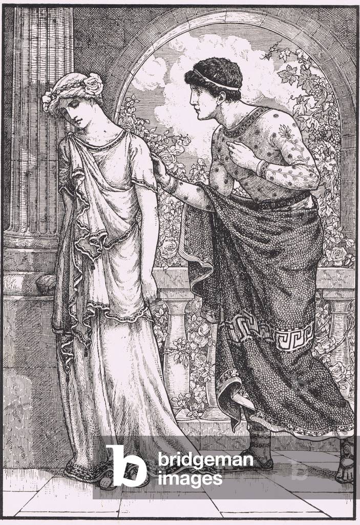 She lowered her eyes in confusion, an dher limbs trembled beneath her, so that she leant back against the pillar for support, illustration from 'Children of the Dawn ', 1925 (litho)