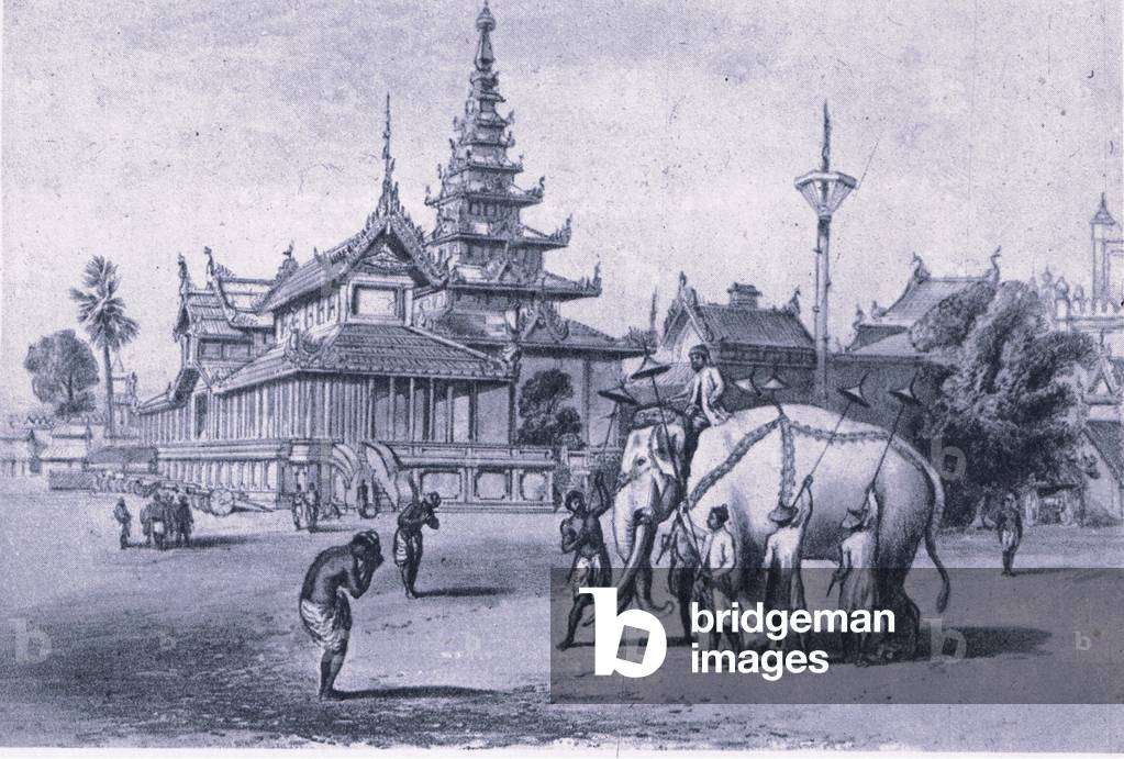 The white elephant outside the palace at Amara Pura (capital of Burma) , from British Adventure published by Collins, 1947 (litho)