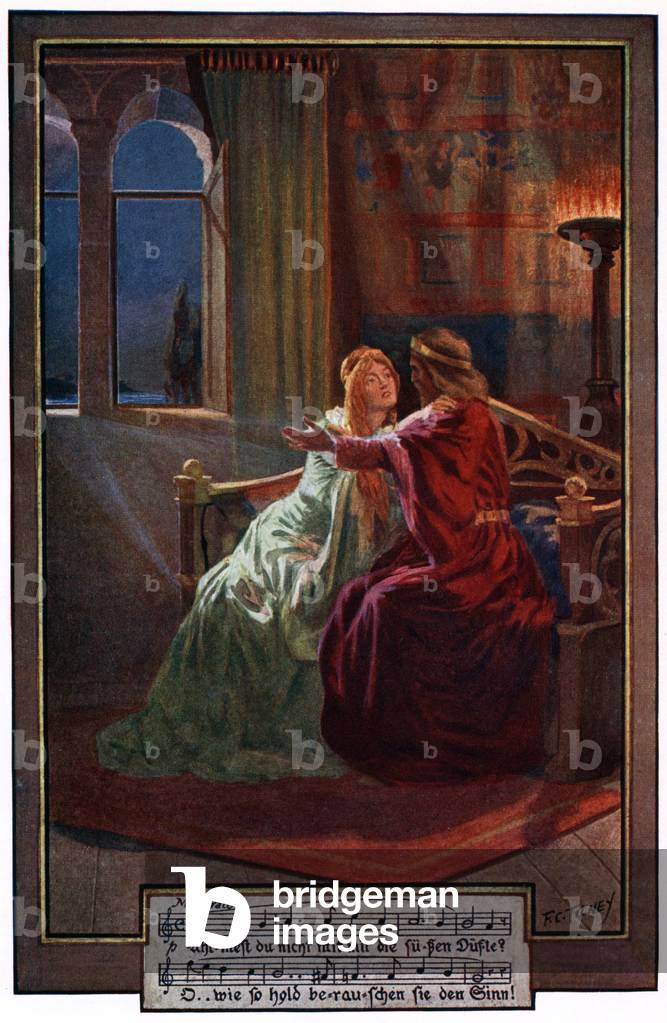 The Knight tries to Allay the Doubts of Elsa, illustration from 'Wagner's Lohengrin', published by George Routledge, 1901 (colour litho)