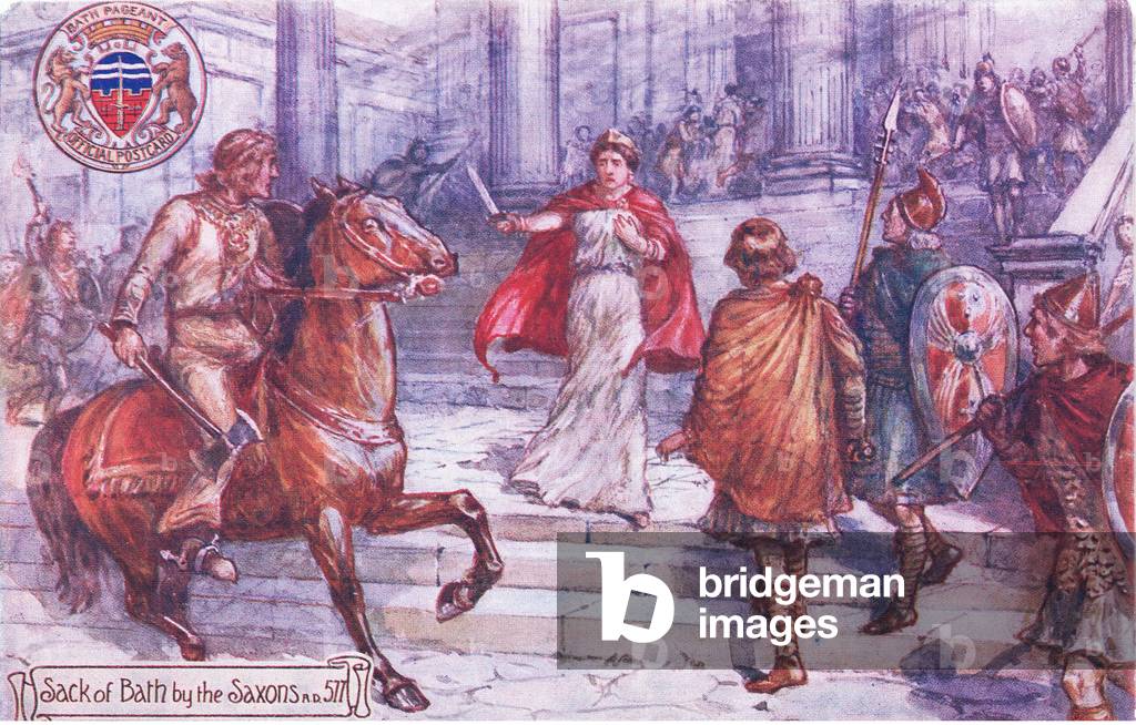 Sack of Bath by the Saxons AD 577, illustration from Postcards: Bath Historical Pageant c.1940 (colour litho)