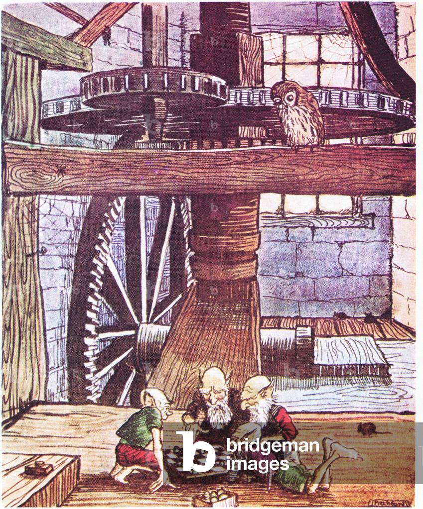 The gnomes playing acorn hop in Rumbling Mill, from Down the Bright Stream pub.by Metheun, 1972 (colour litho)