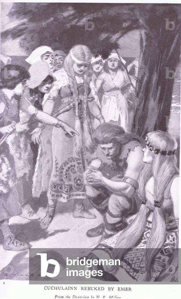 Cuchulainn rebuked by Emer, illustration from Celtic Myth and Legend published by The Gresham Publishing Company, c.1920 (colour litho)