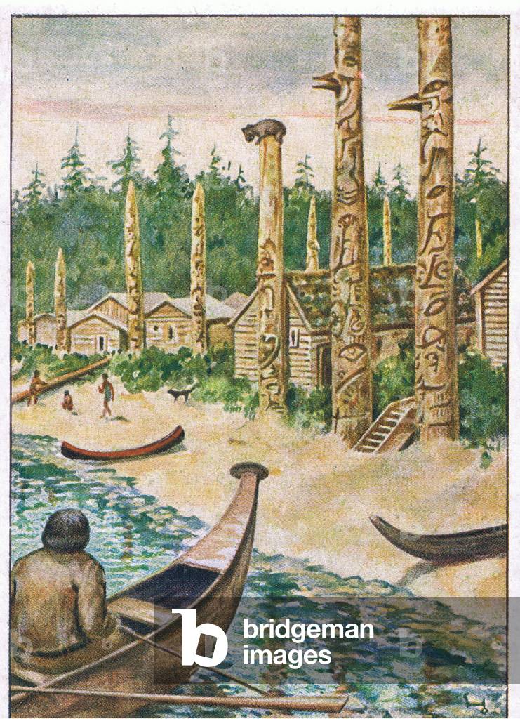 The Origins and evolution of writing: Indian totem poles in Columbia, from colour Liebig postcard (colour litho)