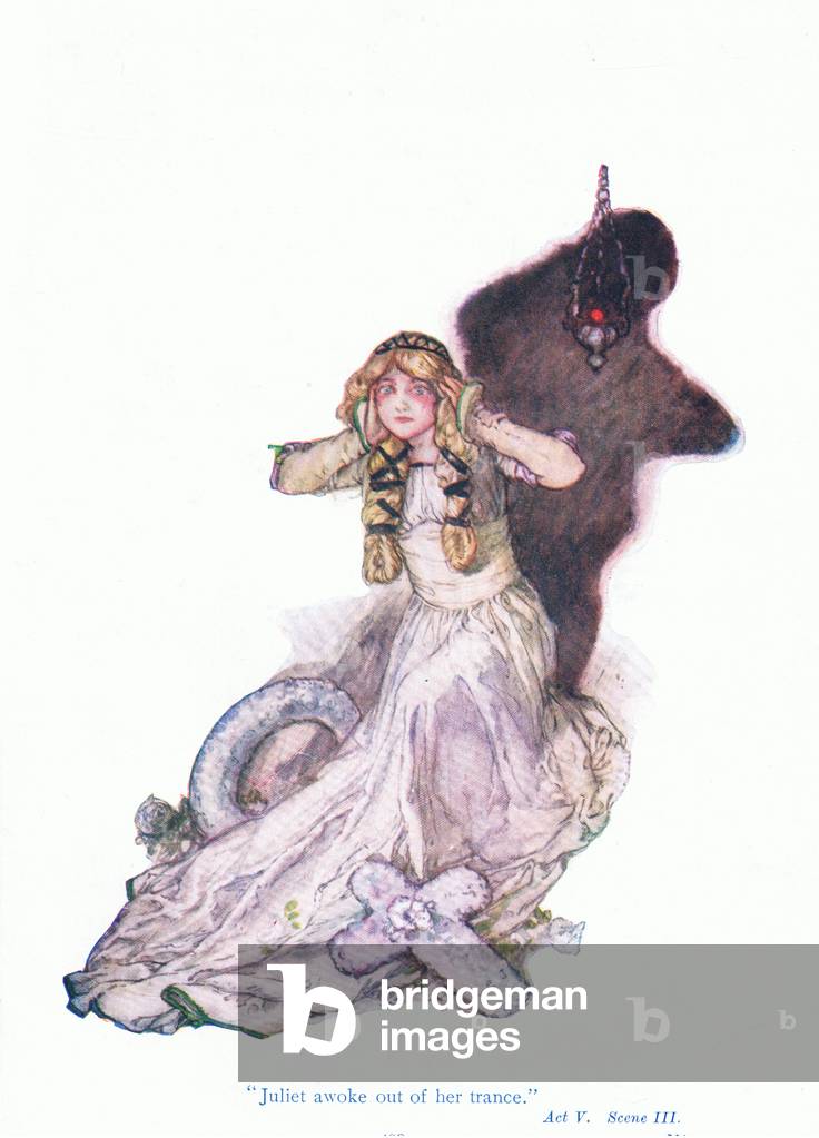 Juliet awoke out of atrance (Romeo and Juliet), from Tales from Shakespeare pub. by Ward Lock & Co Ltd, 1930-40's (colour litho)