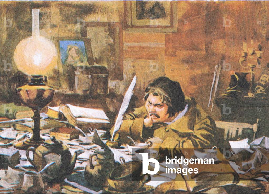 Balzac at work on his novels, from Knowledge Magazine, 1963 (colour litho)