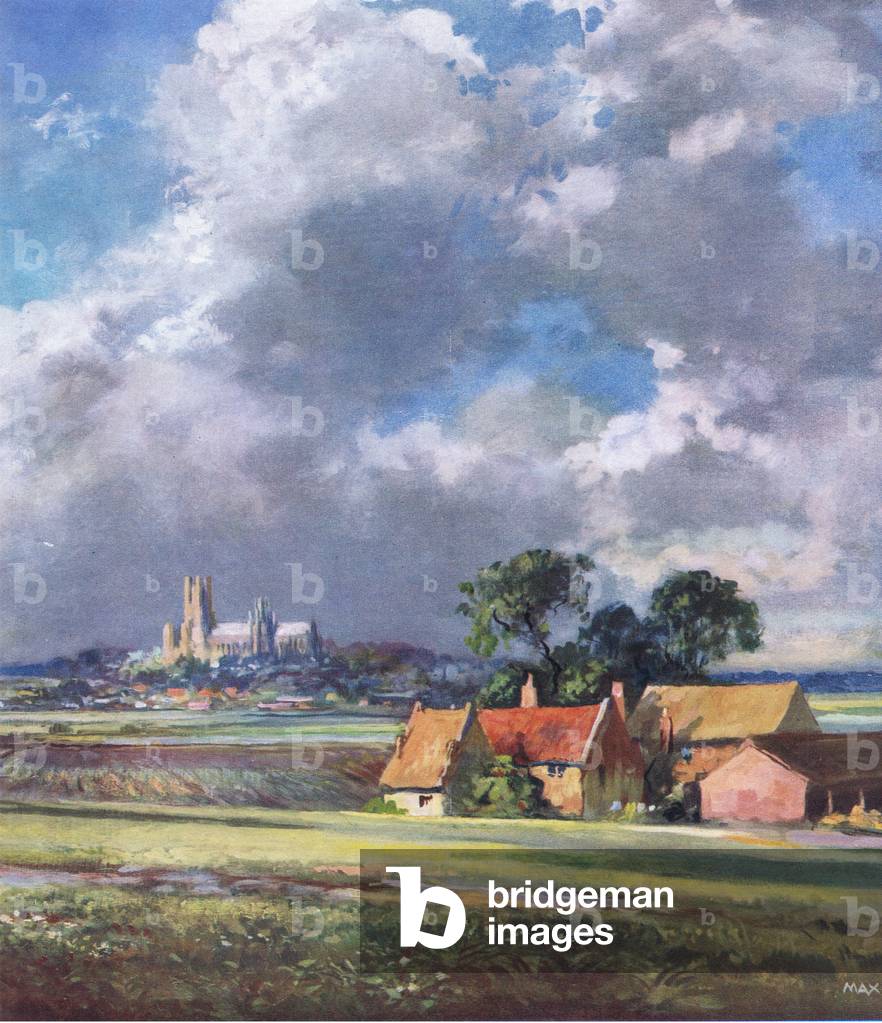 Ely Cathedral, illustration from The Sphere, 1953 (colour litho)