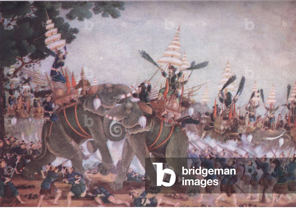 An incident in the wars between the Siamese and the Burmese, from British Adventure published by Collins, 1947 (colour litho)