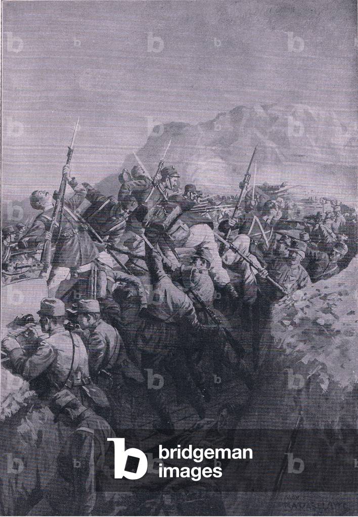 Unsuccessful attack by the Italians on the heights of Doberdo, from The Illustrated History of the World War 1914-1915 pub. by Union Berlagsefellfchaft, 1922 Vol. 3 (litho)