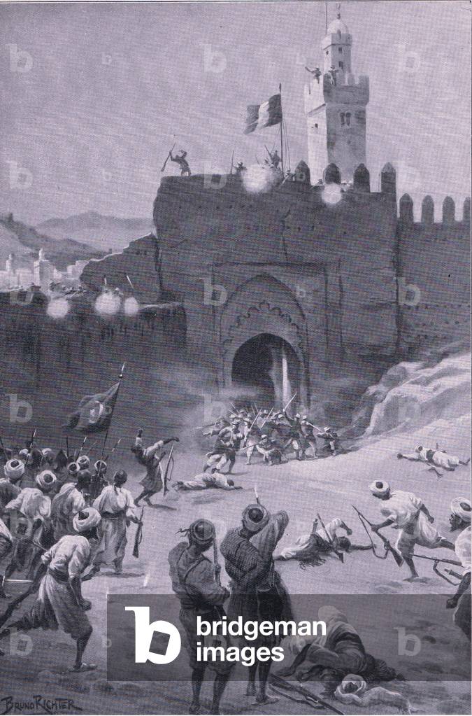 The holy war in Moroffo: Kabyles storm the fortress Fiex fortified by the French, from The Illustrated History of the World War 1914-1915 pub. by Union Berlagsefellfchaft, 1922 Vol. 3 (litho)