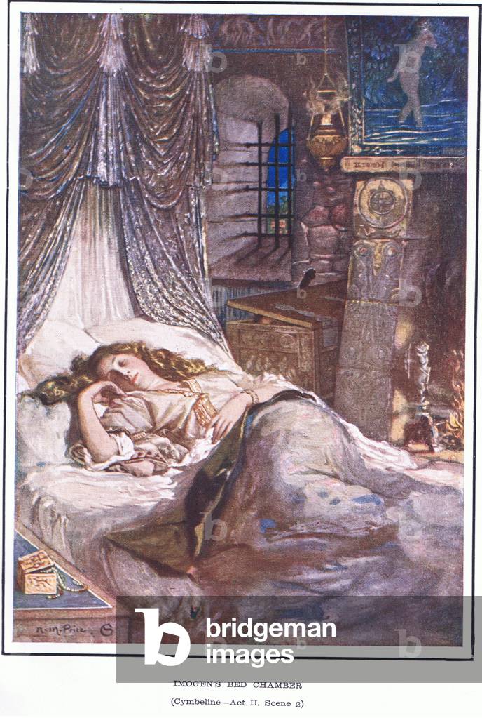 Imogen's Bed Chamber (Cymbeline), 1920's (colour litho)