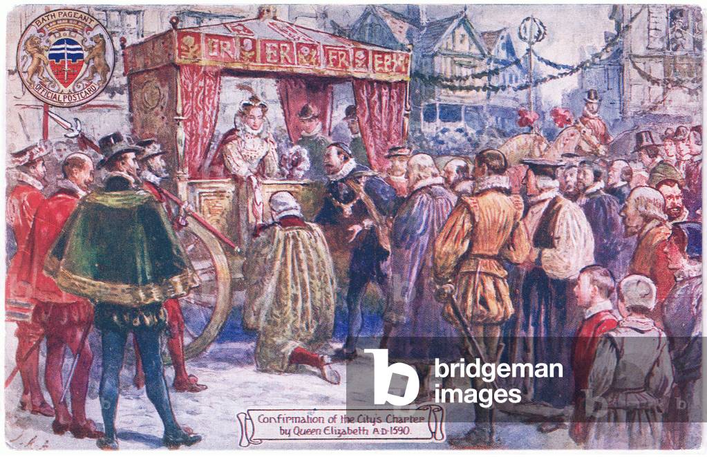 Confirmation of the city's charter by Queen Elizabeth 1 AD 1590, illustration from Postcards: Bath Historical Pageant c.1940 (colour litho)
