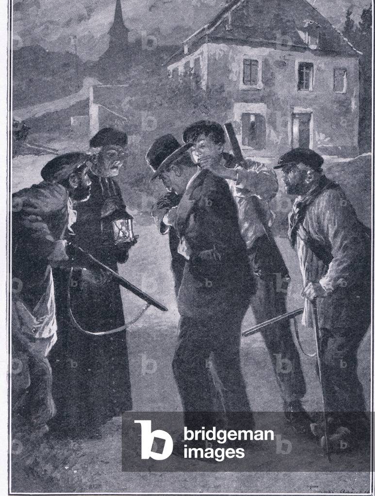 French villagers night watch for spies, from The Great War The Amalgamated Press Limited, 1914 (colour litho)