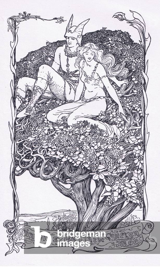 Diarmid and Grania in the Quicken tree, illustration from The Book of Romance published by Longmans Green and Co, 1919 (colour litho)