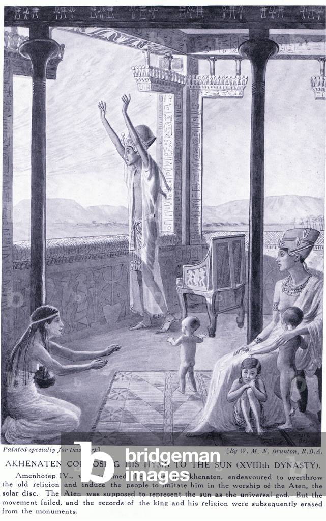 Akhenaten composing his hymn to the sun, c.1920 (litho)