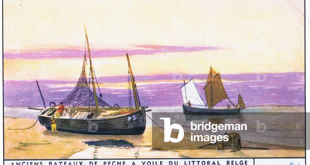 Chaloupe of Panne, illustration from Liebig Trade Cards (1940's) Old Fishing Boats of the Belgium coast (colour litho)