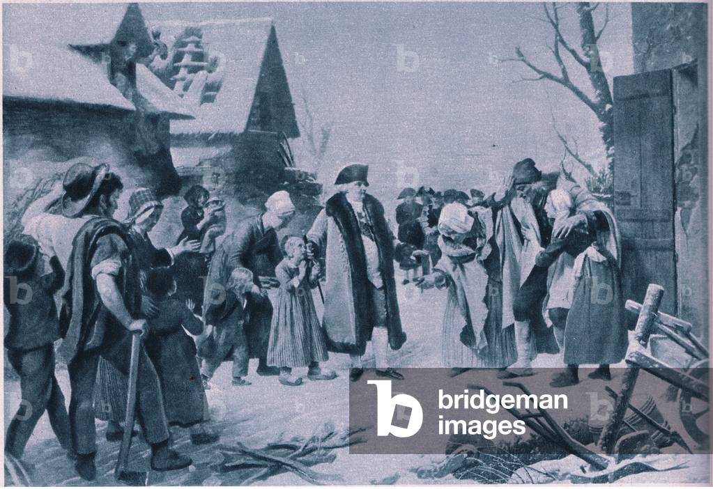 Louis XVI distributing gifts to the poor before the French Revolution (litho)