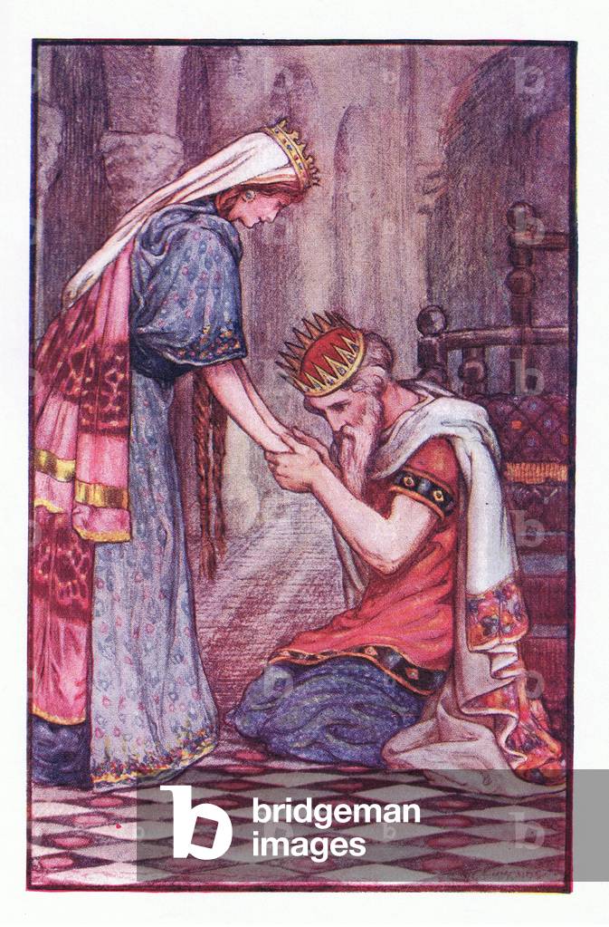 She placed the golden crown on Ogier's head, from The Gateway to Romance published by Thomas Nelson & Sons, 1909 (colour litho)