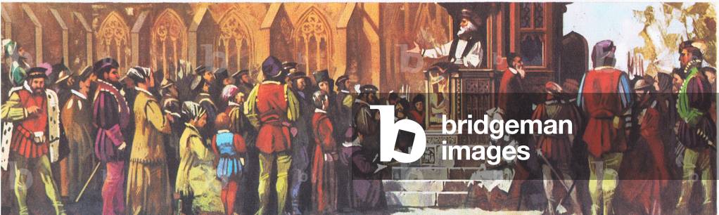Latimer preaching at St Pauls, from Knowledge Magazine, 1963 (colour litho)