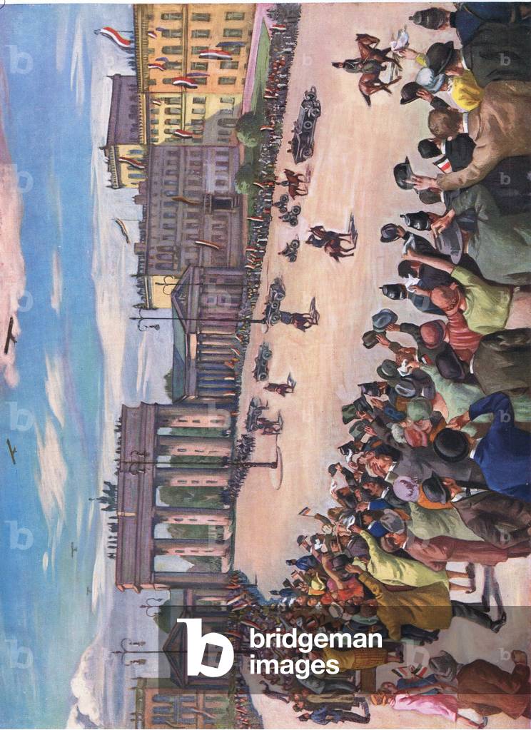 Arrival of the Imperial President Von Hindenburg through the Brandenburg Gate, illustration from Hindenburg published by Daterlandischer Derlag C U Weller Berlin, 1922 (colour litho)