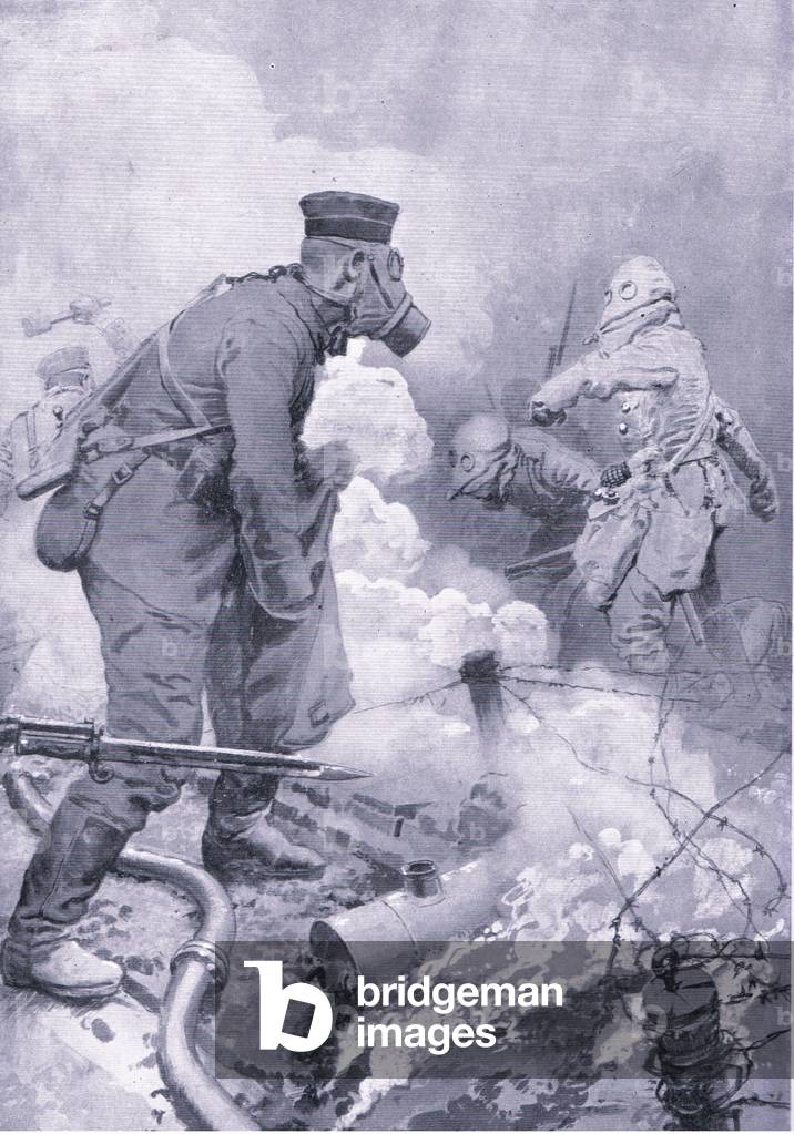 Charging through clouds of poisonous gas, illustration from European History: Great Leaders and Landmarks Vol 6 The Great War published by The Gresham Publishing Company, c.1920 (litho)