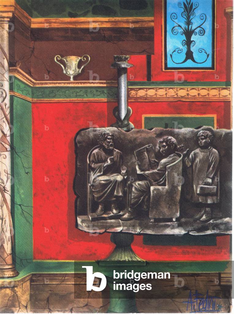 Bas Relief from Pompeii, from Knowledge Magazine, 1963 (colour litho)